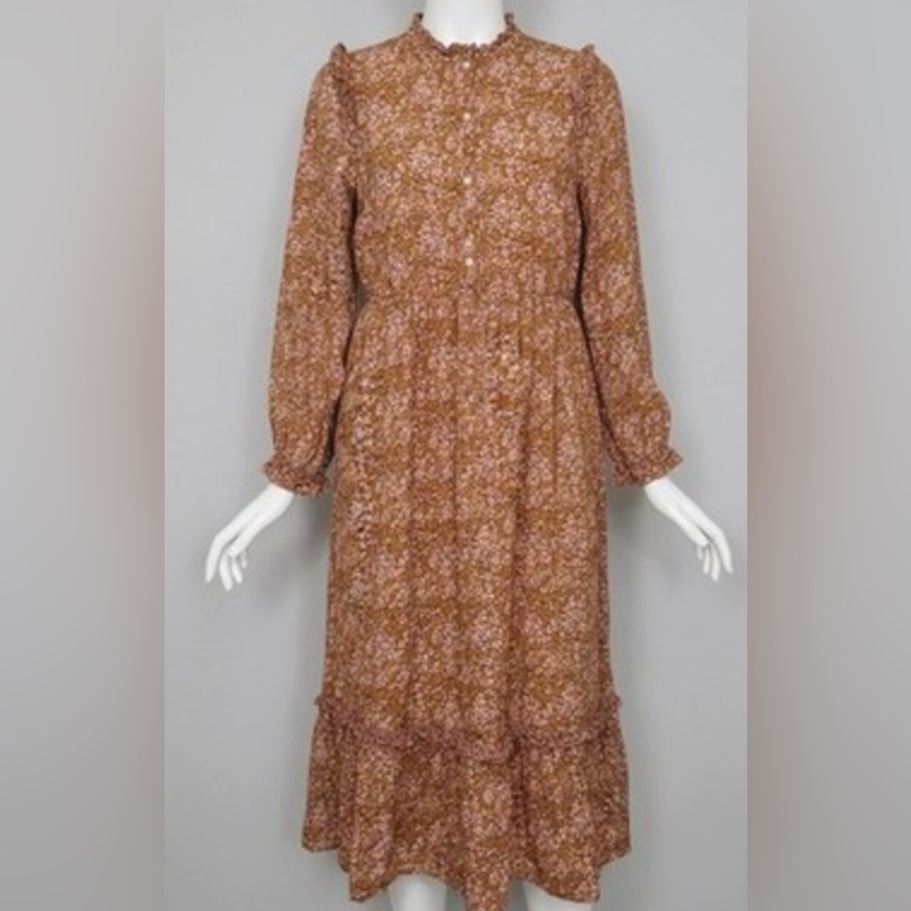 Cottagecore Womens Rust Floral Tiered Modest Dress Boho Button Front Size S